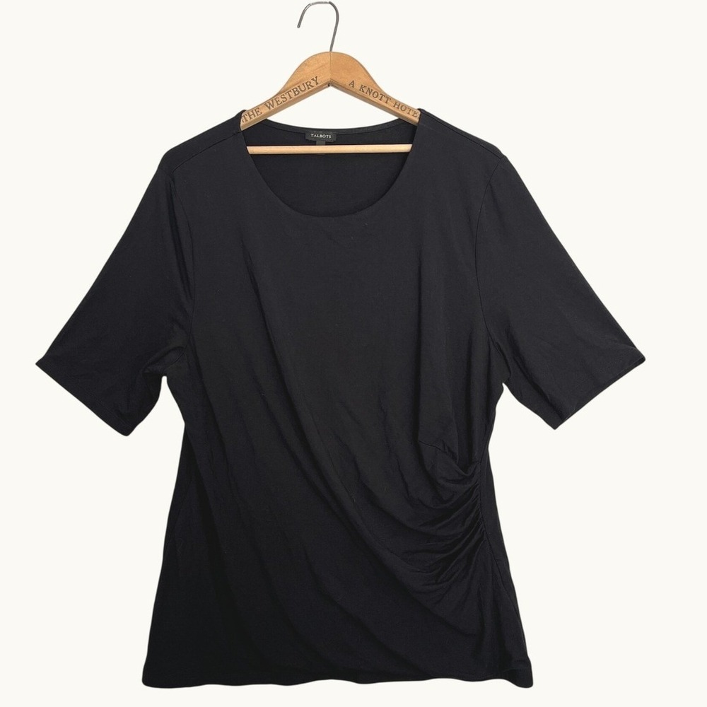 Talbots Womens XL Black Ruched Side Scoop Neck‎ Short Sleeve Stretch Knit Top